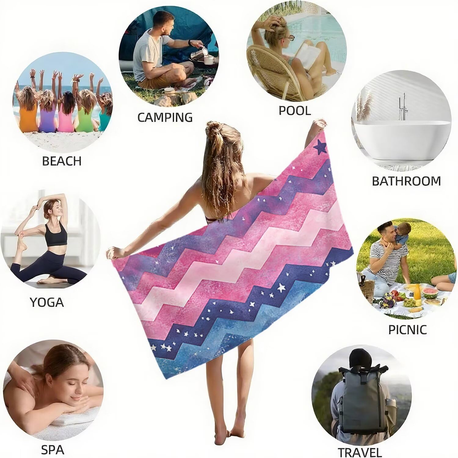 Toalla Playa Microfibra 150x200 Onda Diseño Super Absorbente Sin Arena Toalla Playa, con Cuerda Elástica, Ligero, Hombre, Mujer Ideal Toallas de Baño, Aplicable Gimnasio,Viajes, Natación, Rosa p-365