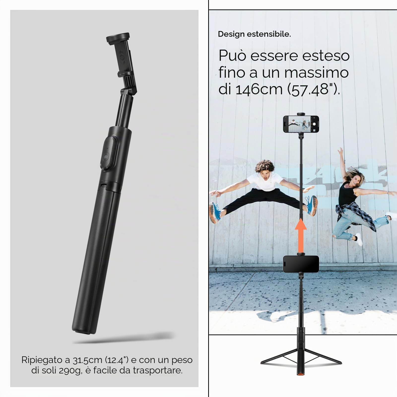 Spigen Automatica Treppiede Bastone Selfie, WonderSnap S541W, Selfie Stick Bluetooth 5.0 con Telecomando, Treppiede Smartphone per iPhone, Galaxy, Pixel, Xiaomi, OnePlus etc - Nero