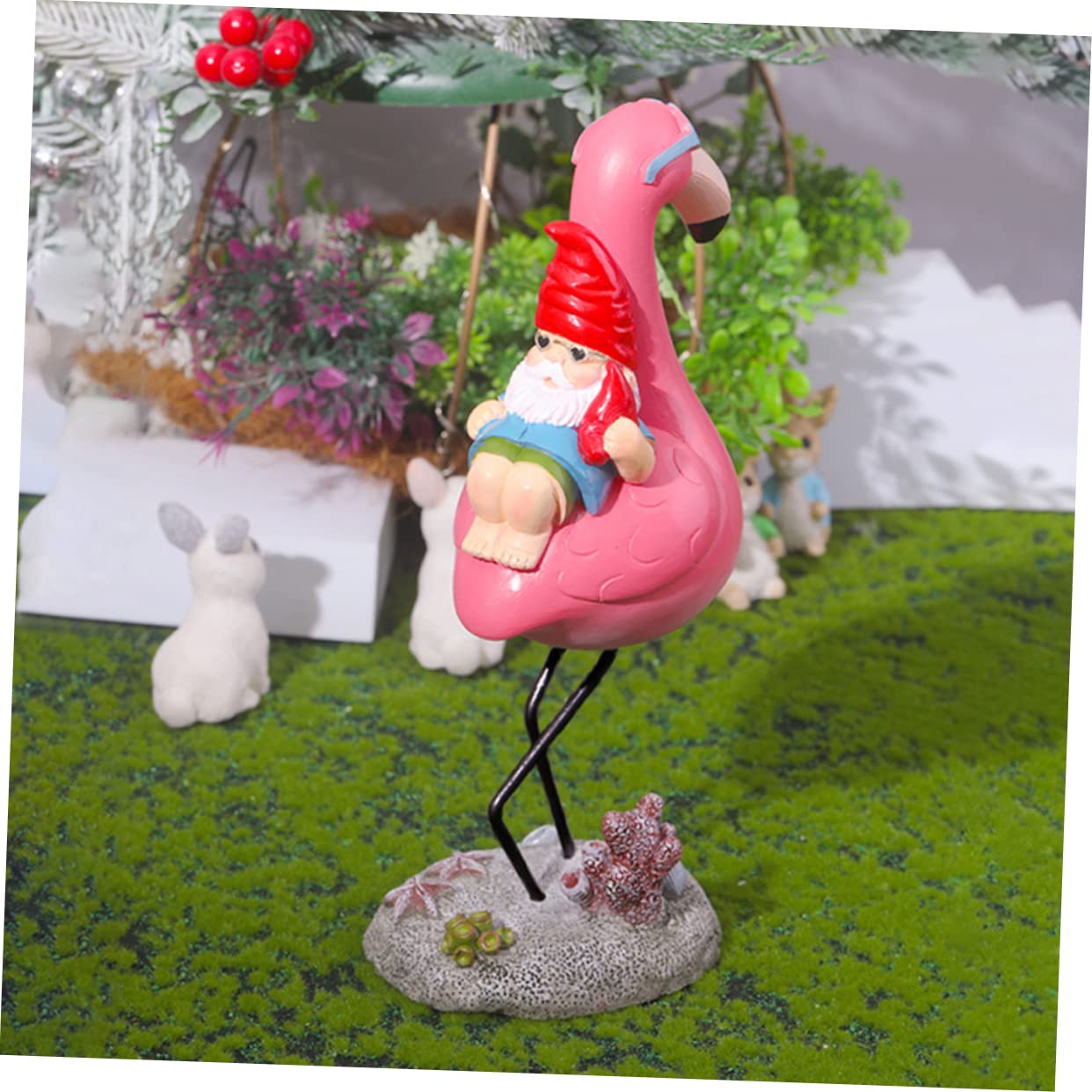 Milisten Statue de GNOME D'extérieur Allongé sur Flamant Rose en Résine