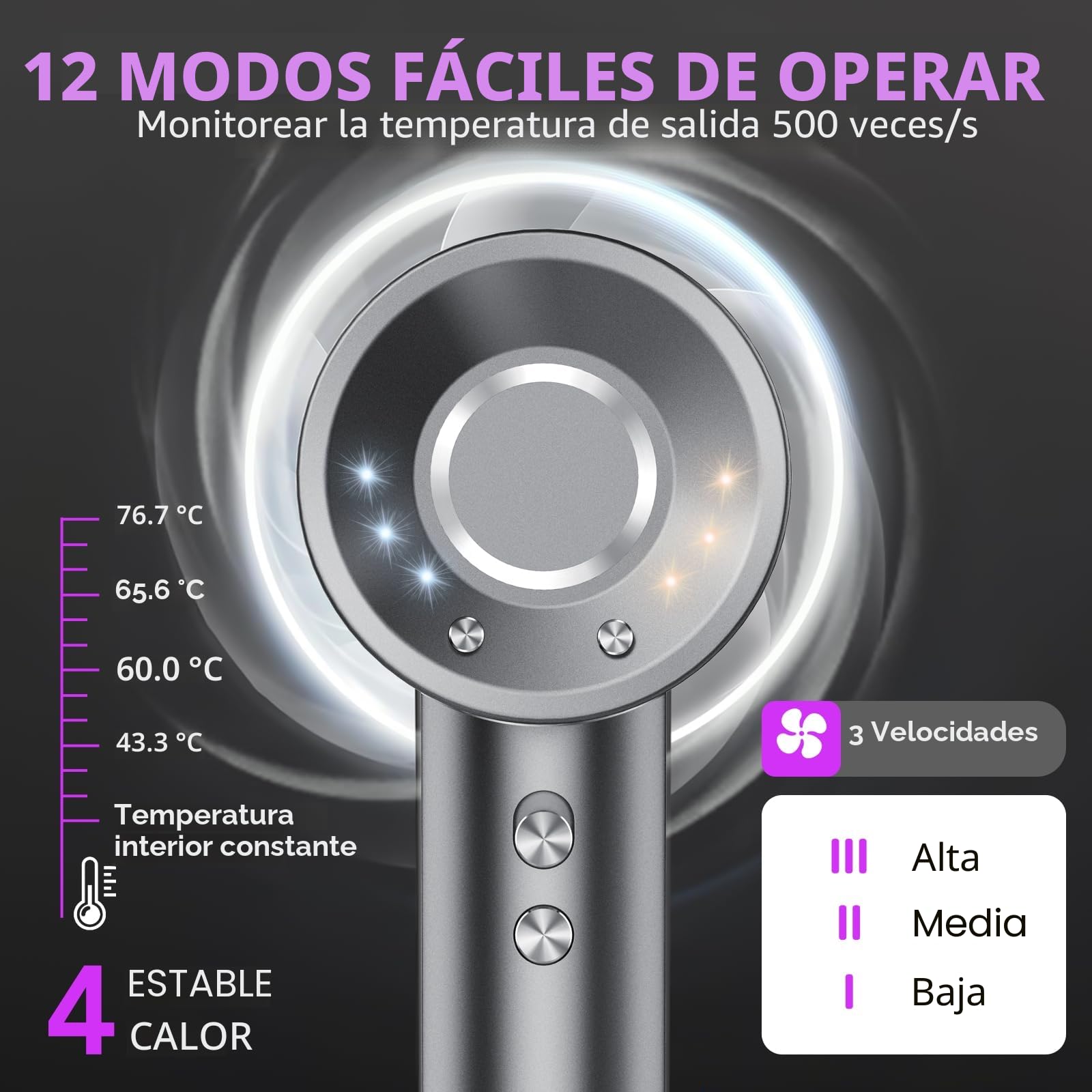 Secador de Pelo, Secador Pelo Profesional Iónico Portátil 160000 RPM, Secado Rápido, 500M Iones, Control de Temperatura, Con Difusor Magnético y Boquilla, 4 Niveles de Temperatura y 3 Velocidades