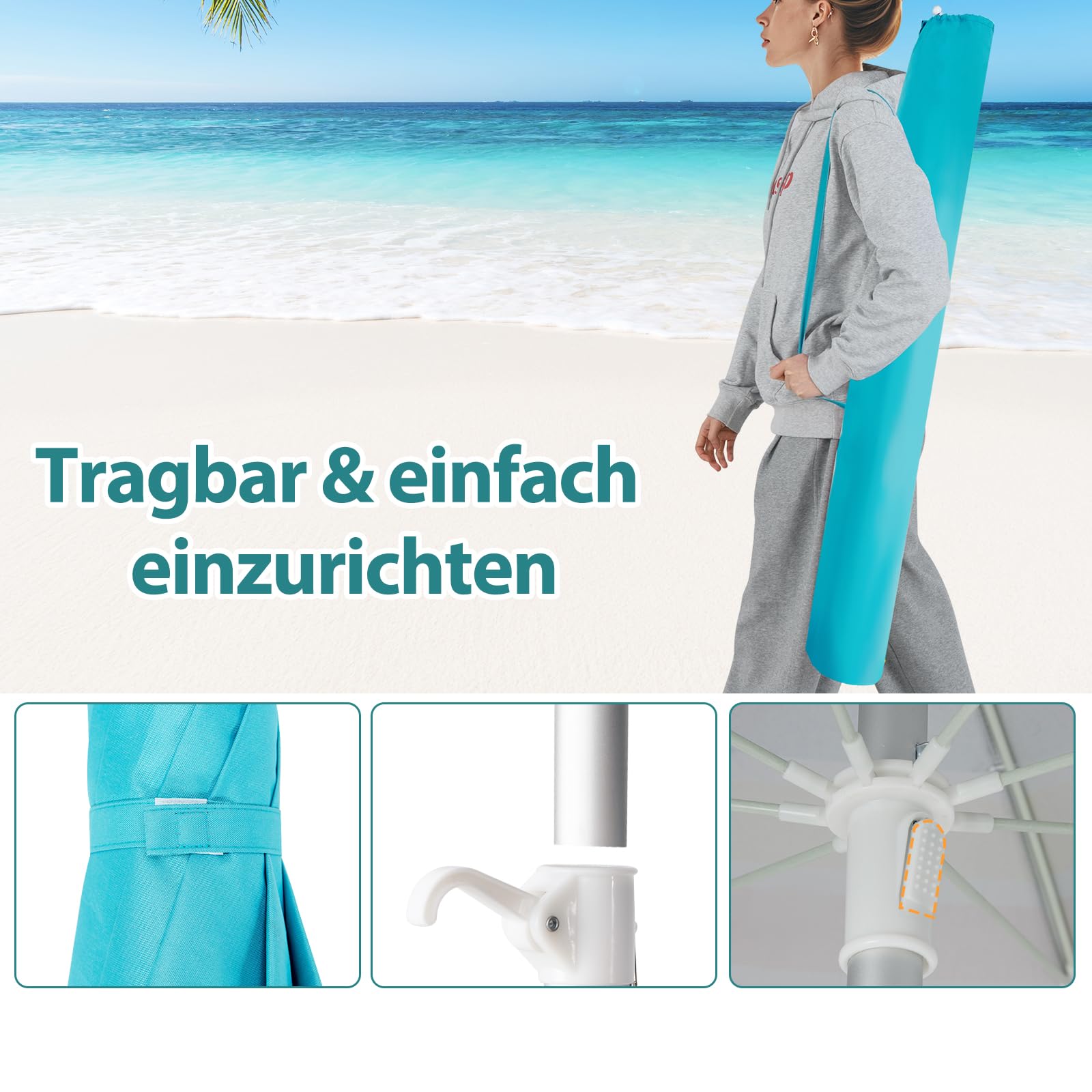 GOPLUS Parasol plażowy 180 cm / 200 cm / 220 cm, składany o 30°, parasol ogrodowy UV 50+, parasol stołowy z tuleją osadczą, parasol tarasowy, w zestawie pokrowiec ochronny, żeberka z włókna szklanego,