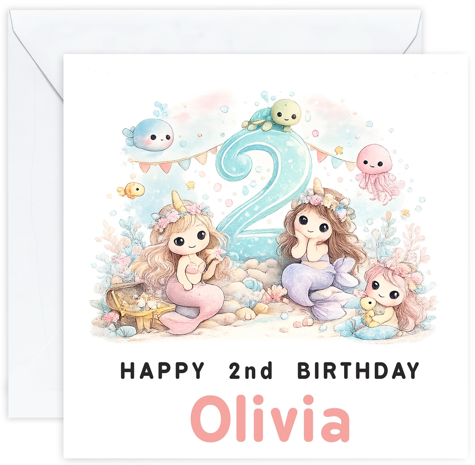 Personalised 2nd Birthday Card for Girl | Two Year Old Girls Birthday Card with Name | For Her, Daughter, Granddaughter, Niece or Goddaughter (Design 6)