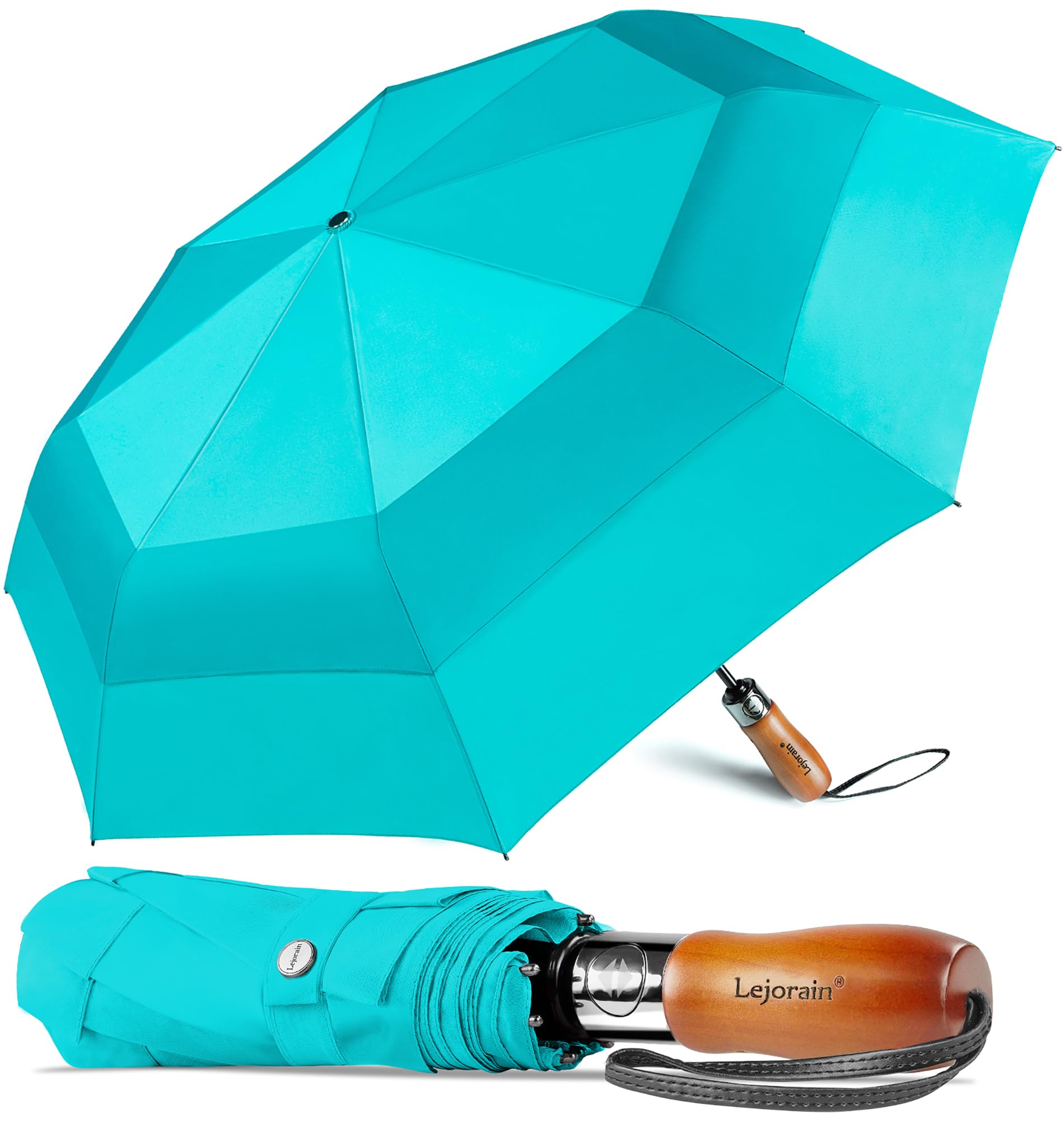 Lejorain Parapluie de golf compact automatique – Grand parapluie de golf compact en bois 210T Dupont avec revêtement en téflon robuste, coupe-vent, portable