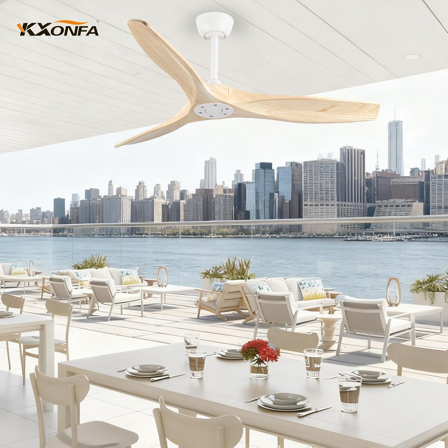 52" Wood Ceiling Fans without Lights Wooden Fan with Remote Quiet Reversible DC Motor 3 Blades Indoor Outdoor Ceilingfan No Light for Patio Porch Exterior Pergola (Natural Wood)