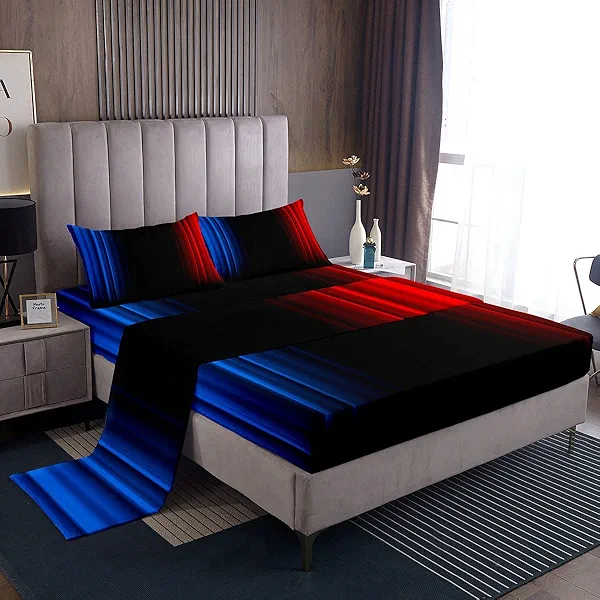 Geometric Abstract Ombre Women Bed Sheets Kids Teens Blue Red and Black Striped Sheet Set Decor Modern Fashion Bed Set Bedroom Collection 4Pcs Queen Size