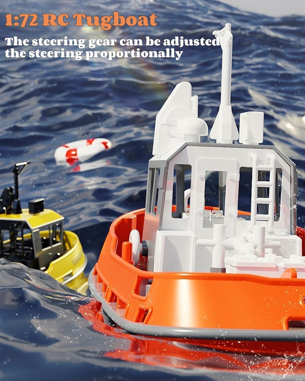 RC Boat, 1/72 RC Tugboat for Pools and Lakes, 2.4Ghz High-Speed Remote Control Boat with LED Lights and Low Battery Alarm for Teen Adult, Orange