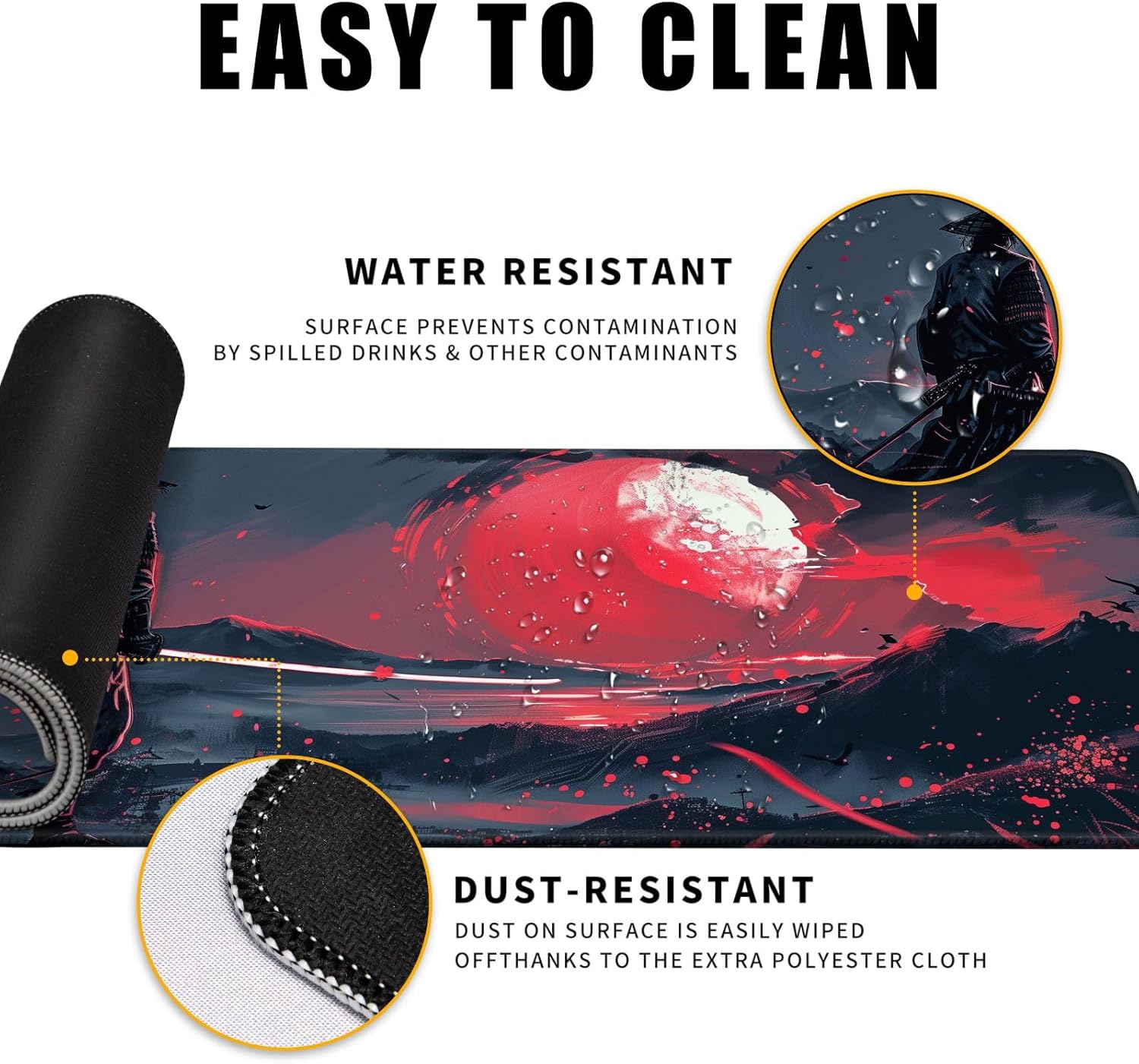 Black Desk Mat Japanese Samurai Mouse Pad XL Red Anime Big Mousepad Gaming Large Mouse Pad for Men Desk Pad with Stitched Edges Non-Slip Large Computer Mat, 31.5x11.8 in - Image 4