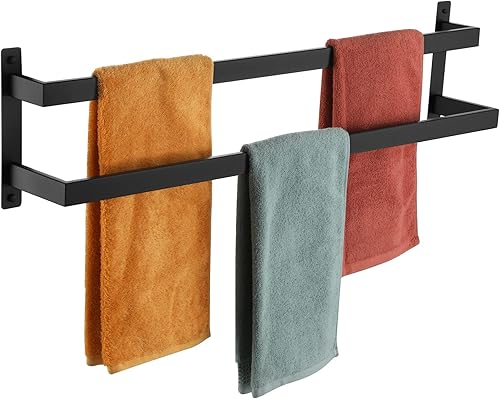 Miniatura 21 de KOKOSIRI Barras para toallas de baño de 2 niveles tipo escalera oro cepillado Rieles para toallas de 32 pulgadas Soportes para toallas montados