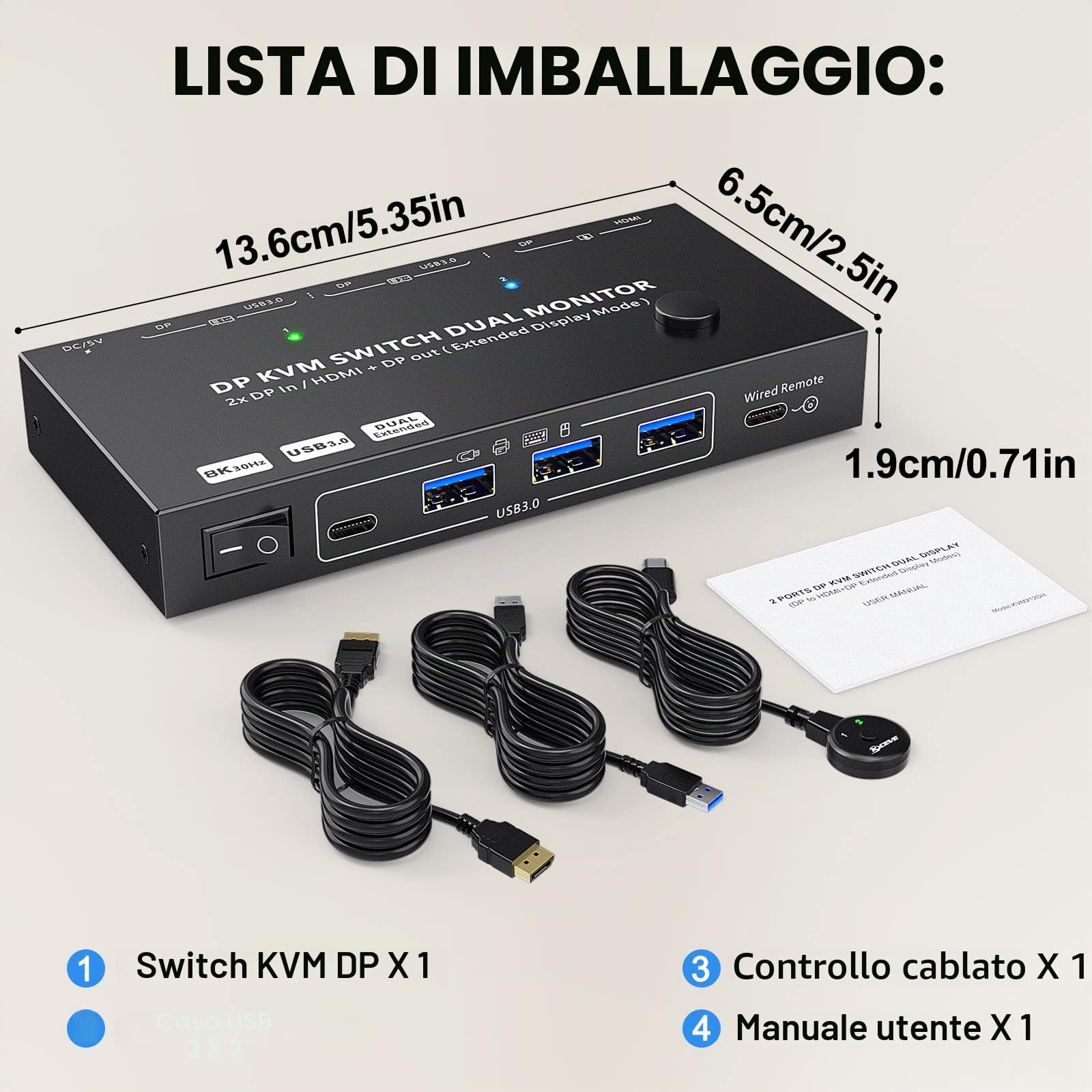8K Displayport KVM Switch 2 PC 2 Monitor 4K @144Hz 8K@30Hz, MST Dual Monitor KVM Switch DP IN/DP+HDMI Out per 2 PC shar 2 monitor e 4 porte USB 3.0, switch KVM Displayport 1.4 con Wired Remote