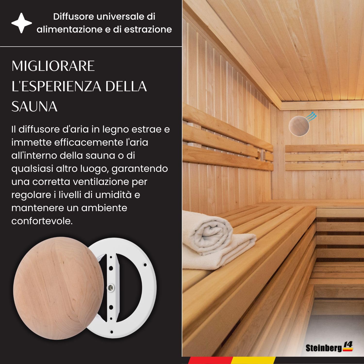 Steinberg14 Diffusore in Legno per Sauna 125mm Griglia di Ventilazione Valvola a Disco Regolata Copertura Condotto Rotondo