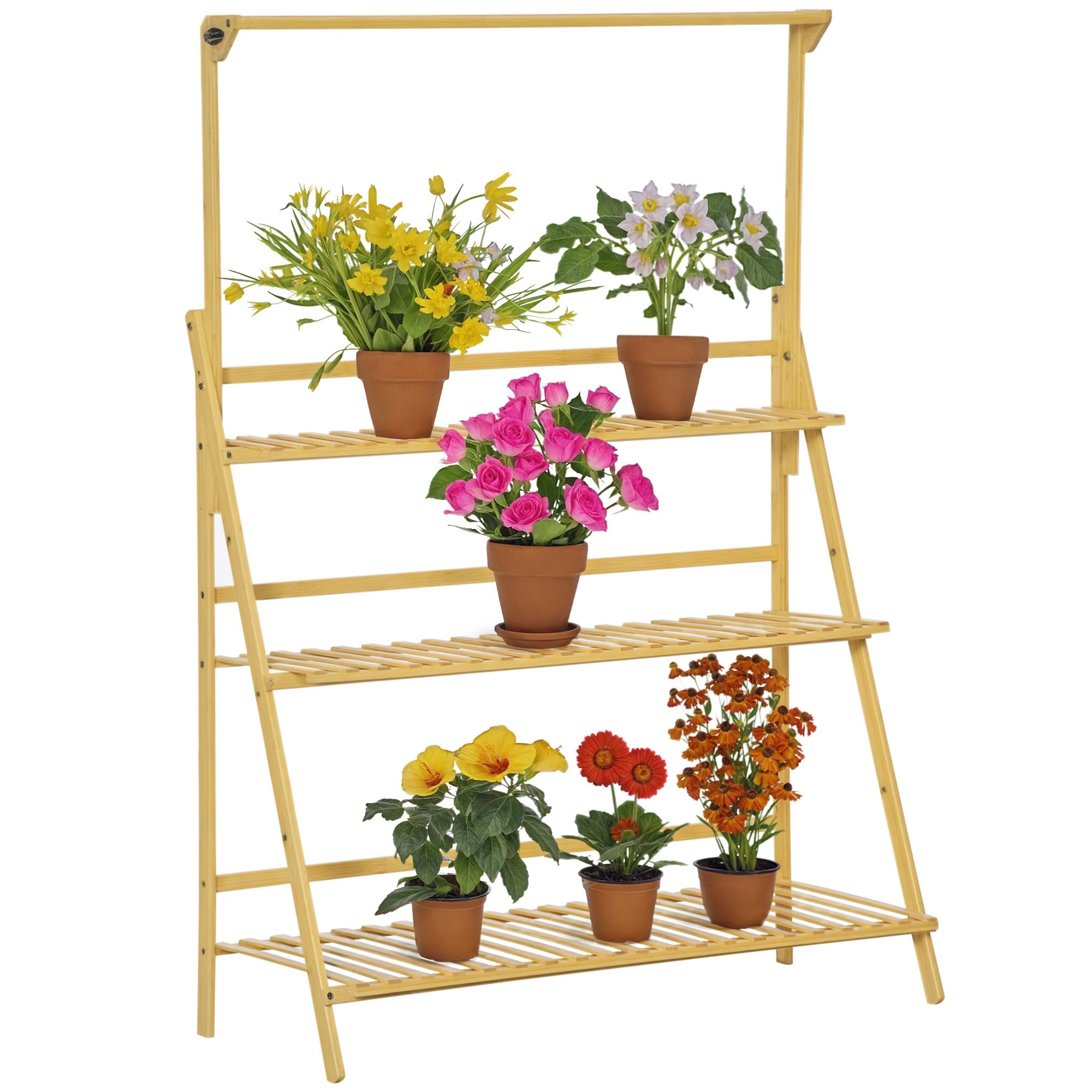 Outsunny Blumentreppe Einstellbare Hängehöhe Natur 100 x 40 x 143 cm | Aus Holz, Pflanzenständer, Leiterregal, Blumenständer, Hängende Bamboo, Innen Draußen