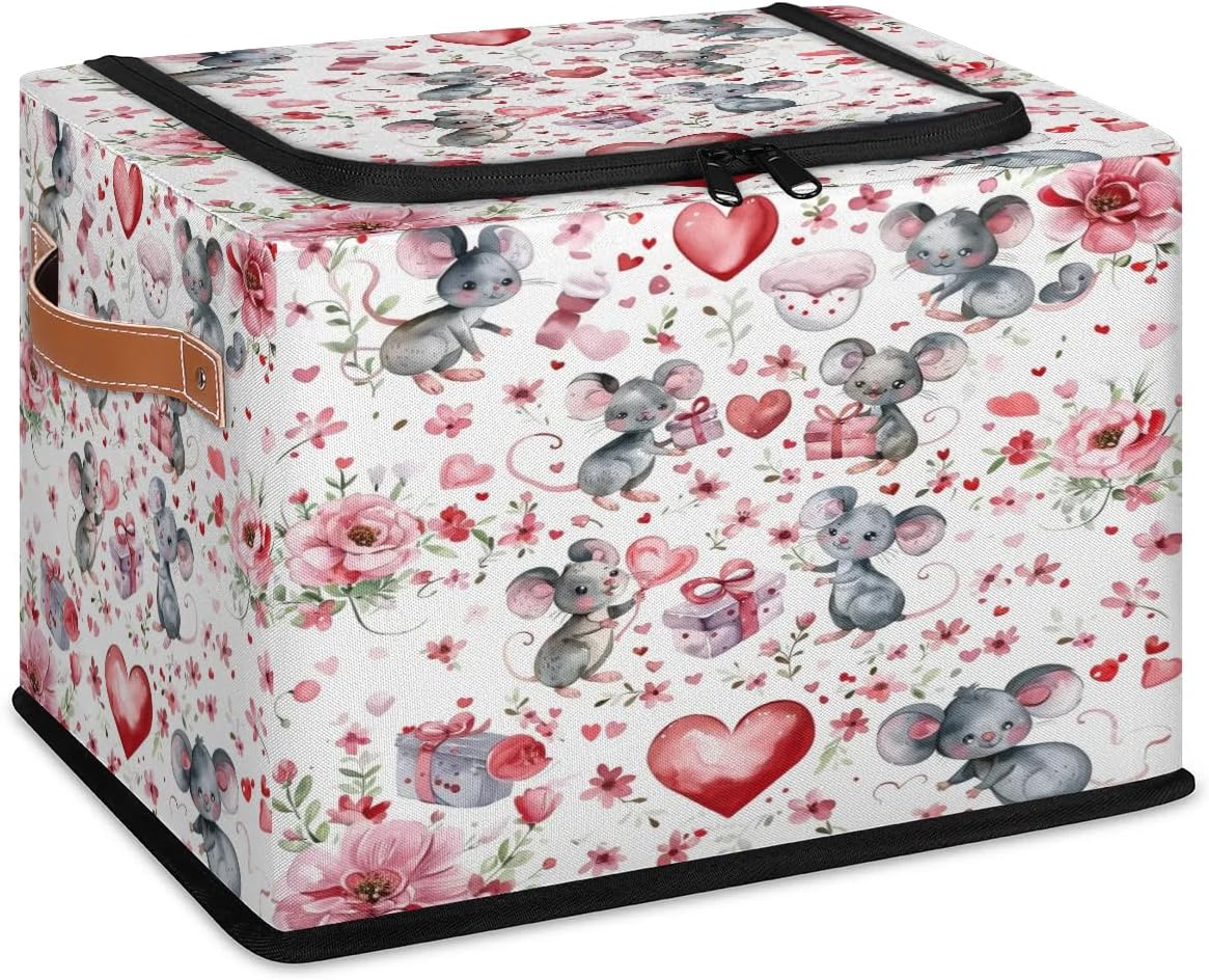 Cute Love Mouses Storage Box with Lid and Handles Foldable Cloth Storage Basket Bin Bags for Shelves Closet Shelf Toys Clothes Bed Sheets Organizer 2 Pack