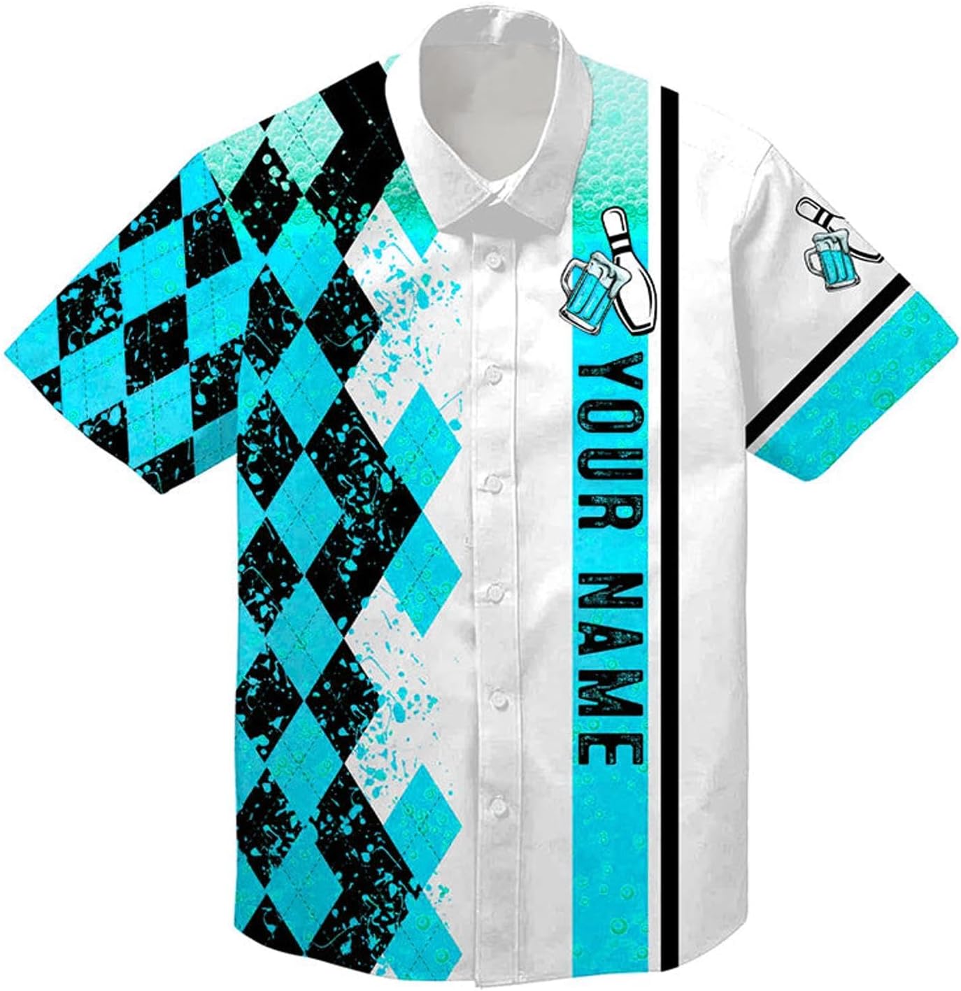 Funny Black and Yellow Argyle Pattern Bowling Beer Hawaiian Shirts Custom Team Button Up Shirts N6950