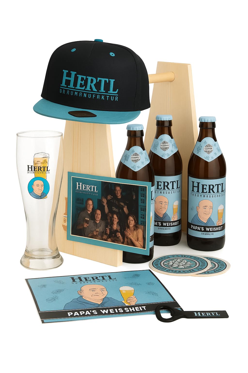 Hertl Holzträger Geschenkset Papa’s Weisheit | 3 Flaschen Weizenbier + Weißbierglas + Cap türkis + Zubehör | Braumanufaktur Hertl