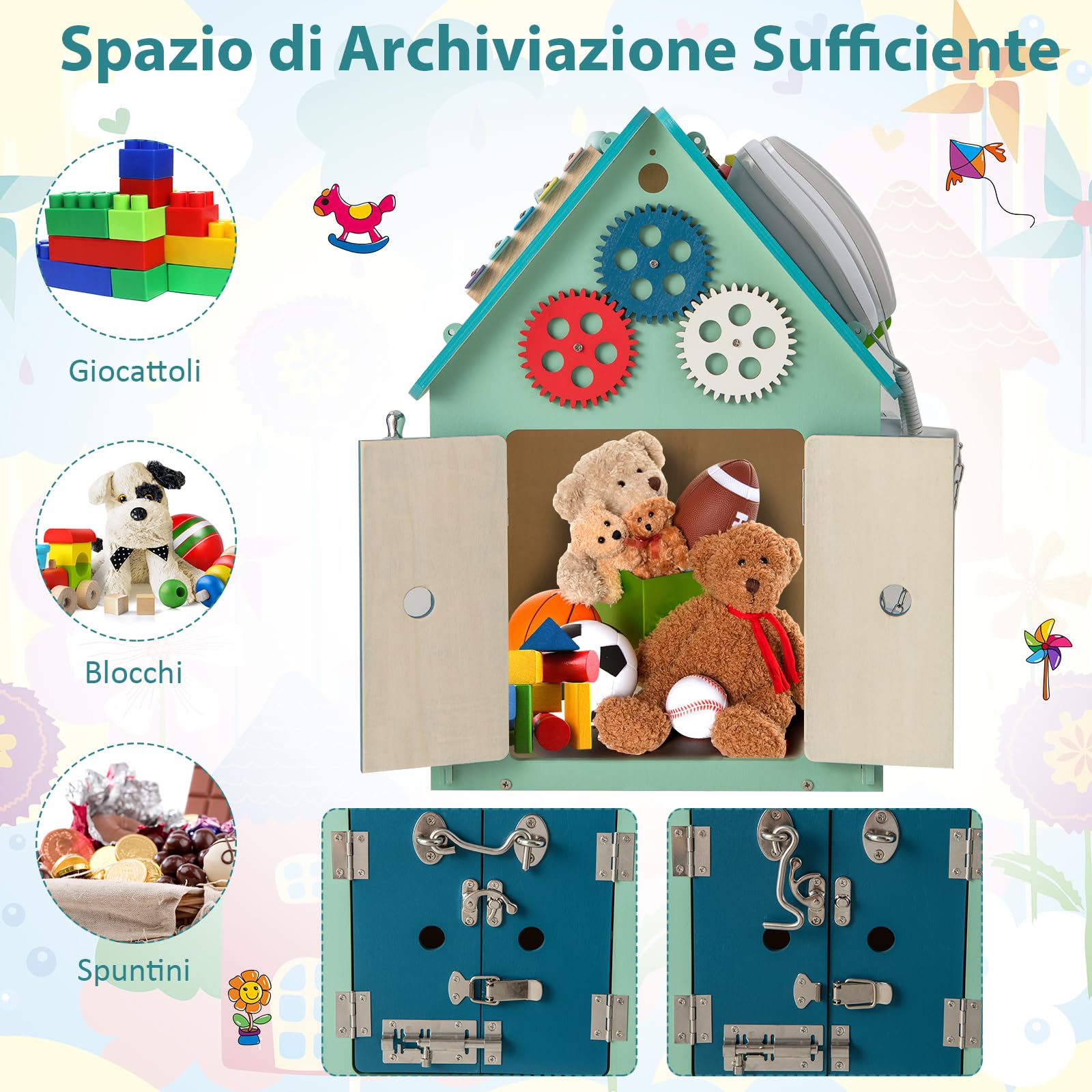COSTWAY Occupato Montessori per Bambini, Casa da Gioco Montessori con Giochi Sensoriali e Spazio Interno, Giocattolo Educativo e Regalo per Bambini 3 Anni+ (Blu)