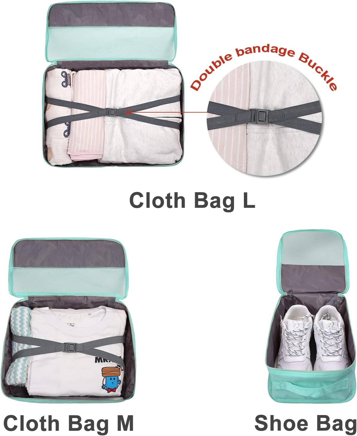Surblue Travel Packing Cubs for Luggage Suitcase Organizer Clothing 7 Set with Two-way Zippers and Belts Travel Accessories for Clothes, Shoes, Bra, Green