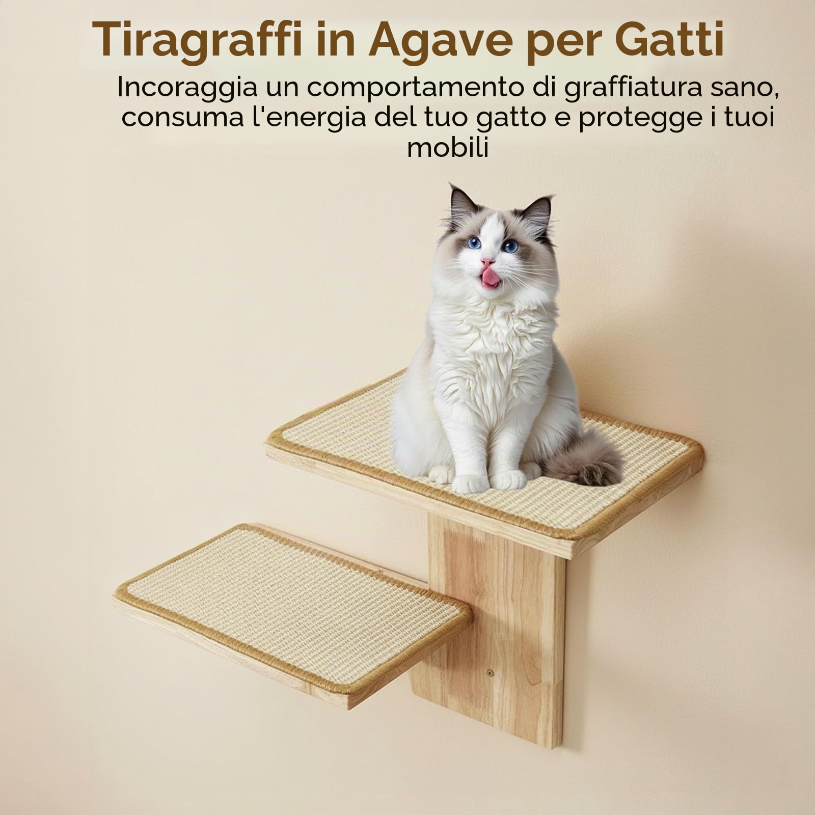 Mensole da Parete Percorso da Muro per Gatti con 2 Piattaforme, Parete da Arrampicata e Mensole da Parete per Gatti in Legno Massello, Tappetini in Sisal per Appartamenti Piccoli