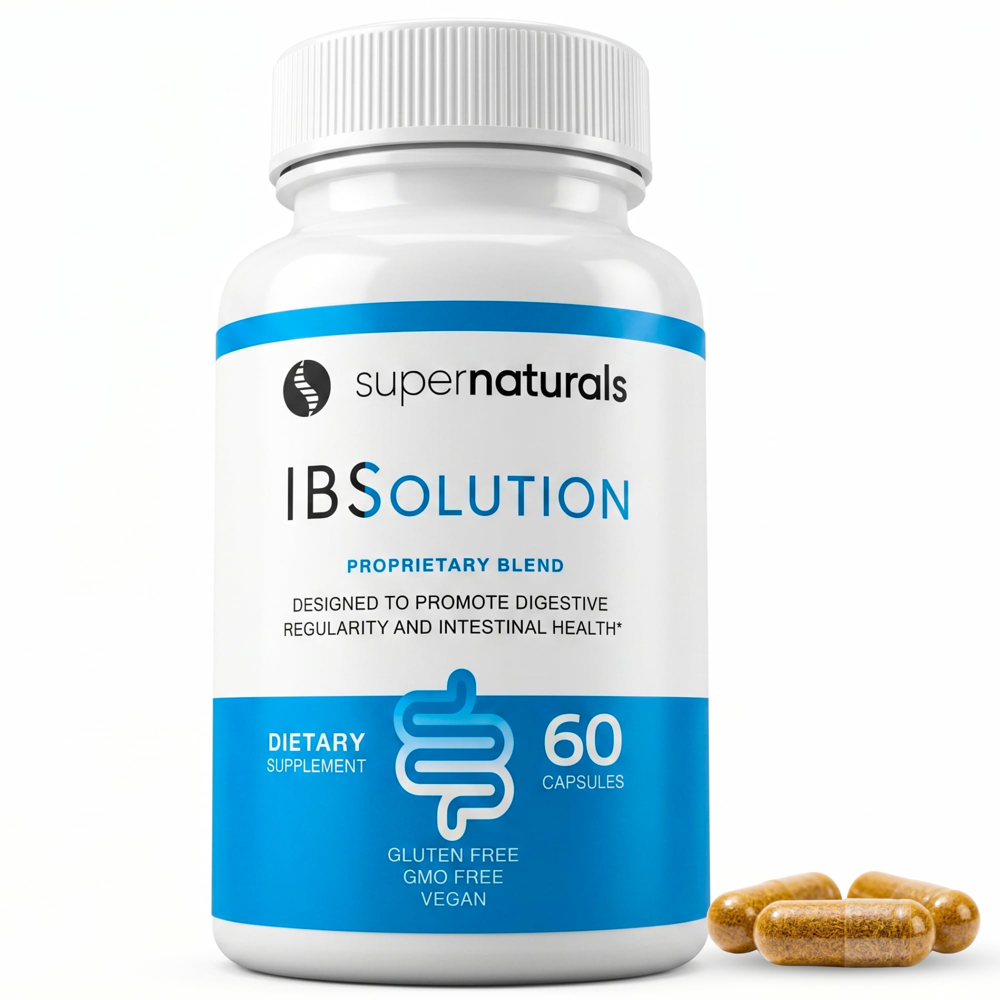 SuperNaturals IBSolution - Made in USA, Non-GMO, Gluten Free &amp; Vegan (60 Capsules) - Digestive Gut Health Supplement With Psyllium Husk - Gas, Bloating, Diarrhea, Constipation Relief, Abdominal Pain
