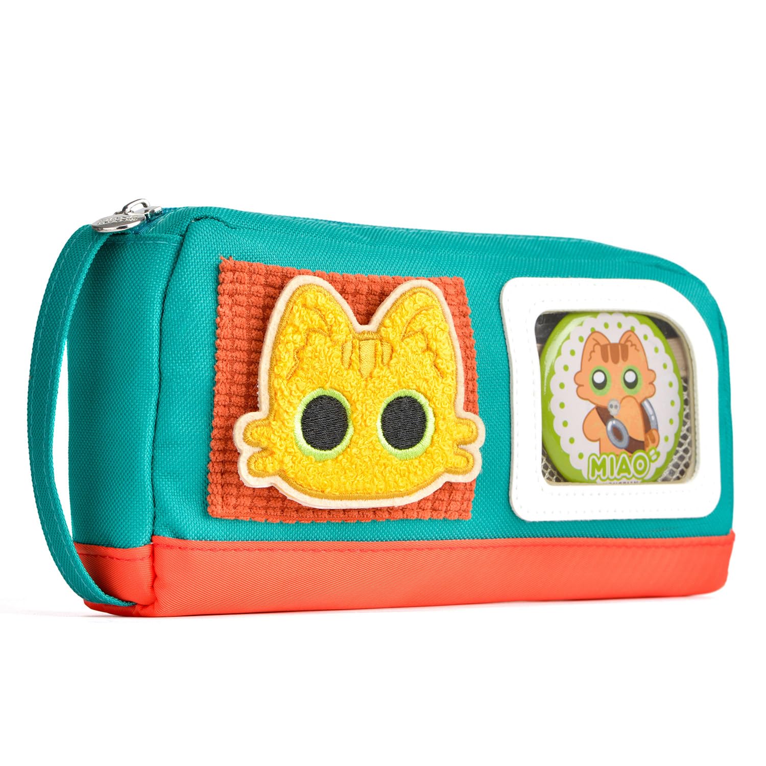 Cute Cat Pencil Case Large Capacity Pencil Case for Teens Girls Boys with Magic Sticker and Decorative Badges Green