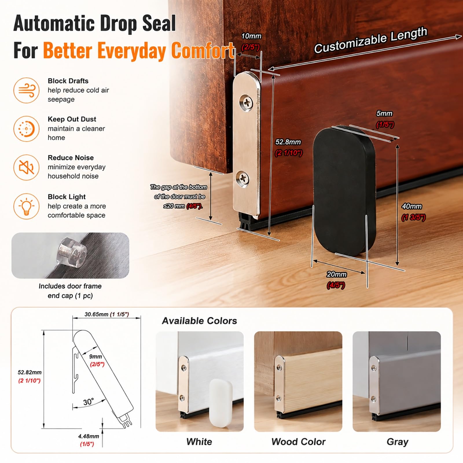 Guarnizione Automatica per Porta Paraspifferi per Porta – Blocca Rumore, Aria E Freddo | Sollevamento Automatico, Funzionamento Fluido Ed Efficienza Energetica(Wood,80 cm (31.5 in))