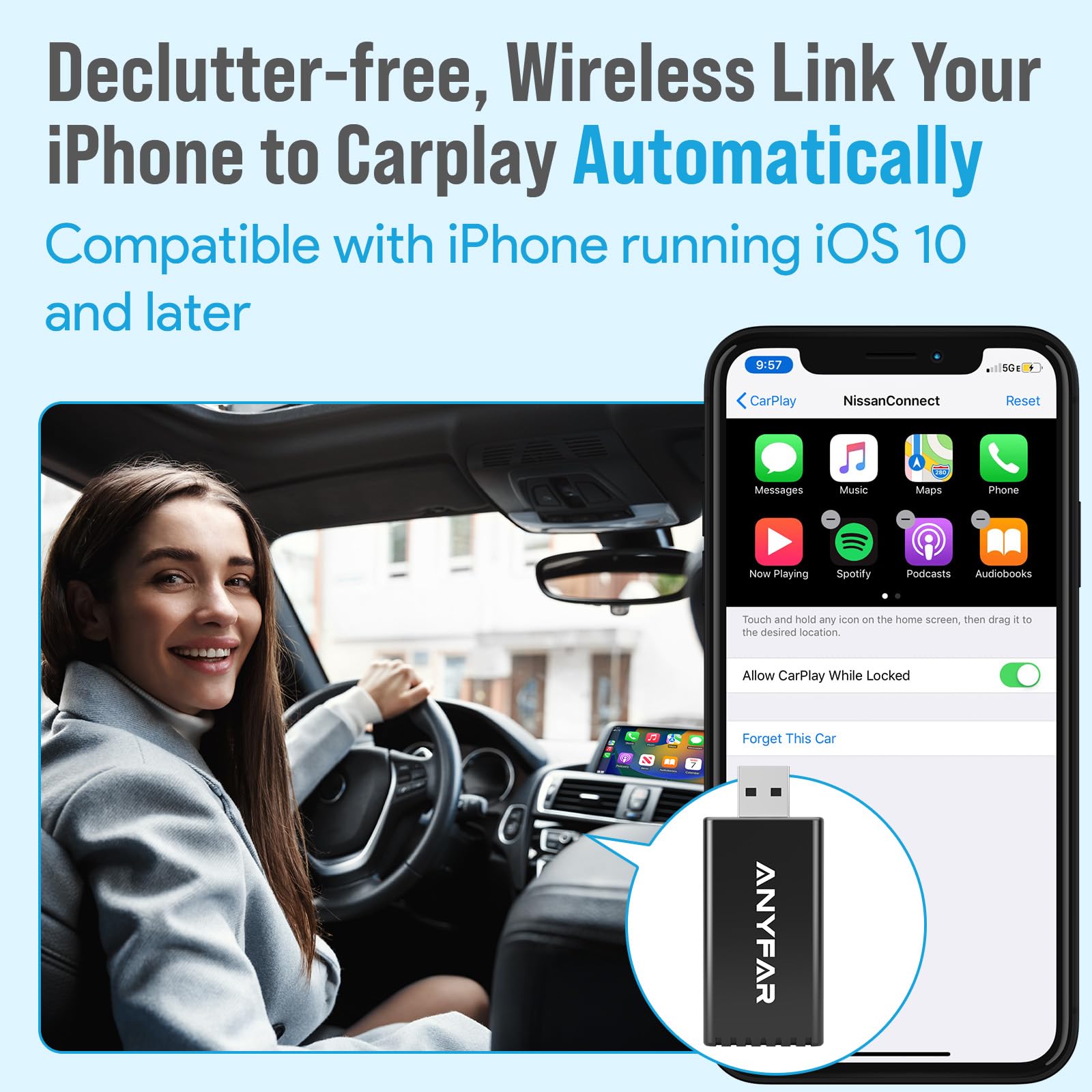 AUXIRACER Wireless CarPlay Adapter - Kabellos CarPlay Für Auto Mit 5,8 GHz WLAN Und Bluetooth 5.0