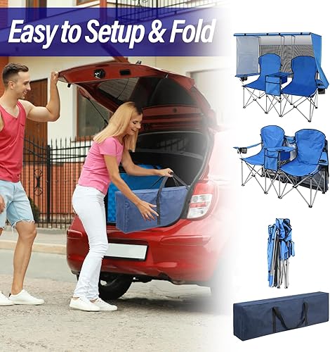 Miniatura 5 de ptlsy Silla de campamento doble con toldo, asiento plegable para dos personas, sofá biplaza portátil para exteriores con sombra, sillas plegables