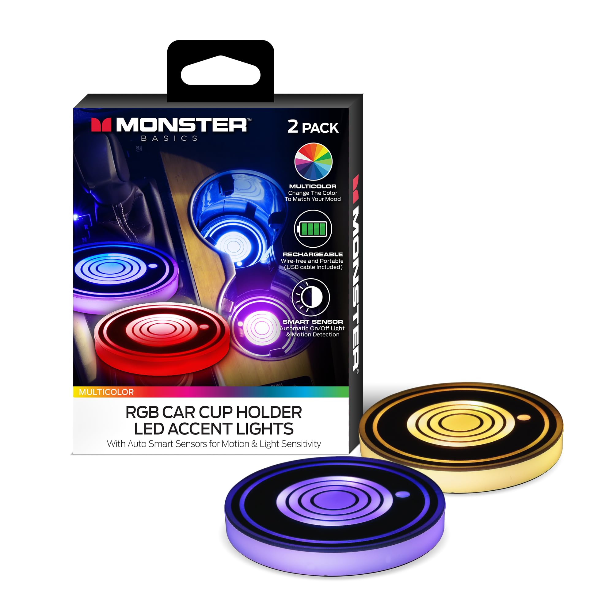 Monster Multicolor LED Cup Holder Lights, 2-Pack of Smart Color Changing Car Coasters, Motion Detecting Xtreme Smart Sensors, On by Night/Off by Day,Rechargeable,15 Days of Power with 2 Hours Charge