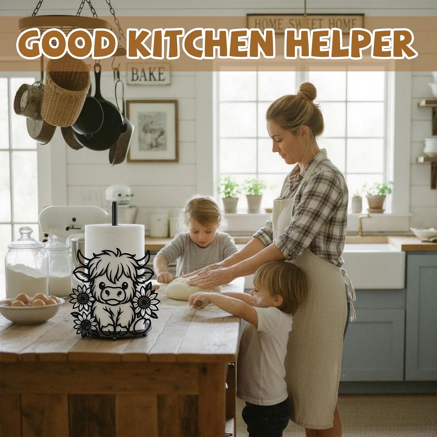 Honeydak Highland Cow Paper Towel Holder Cute Metal Black Kitchen Decor Accessories Large Trendy Tissue Towel Holder Stand for Countertop Kitchen Bathroom Home