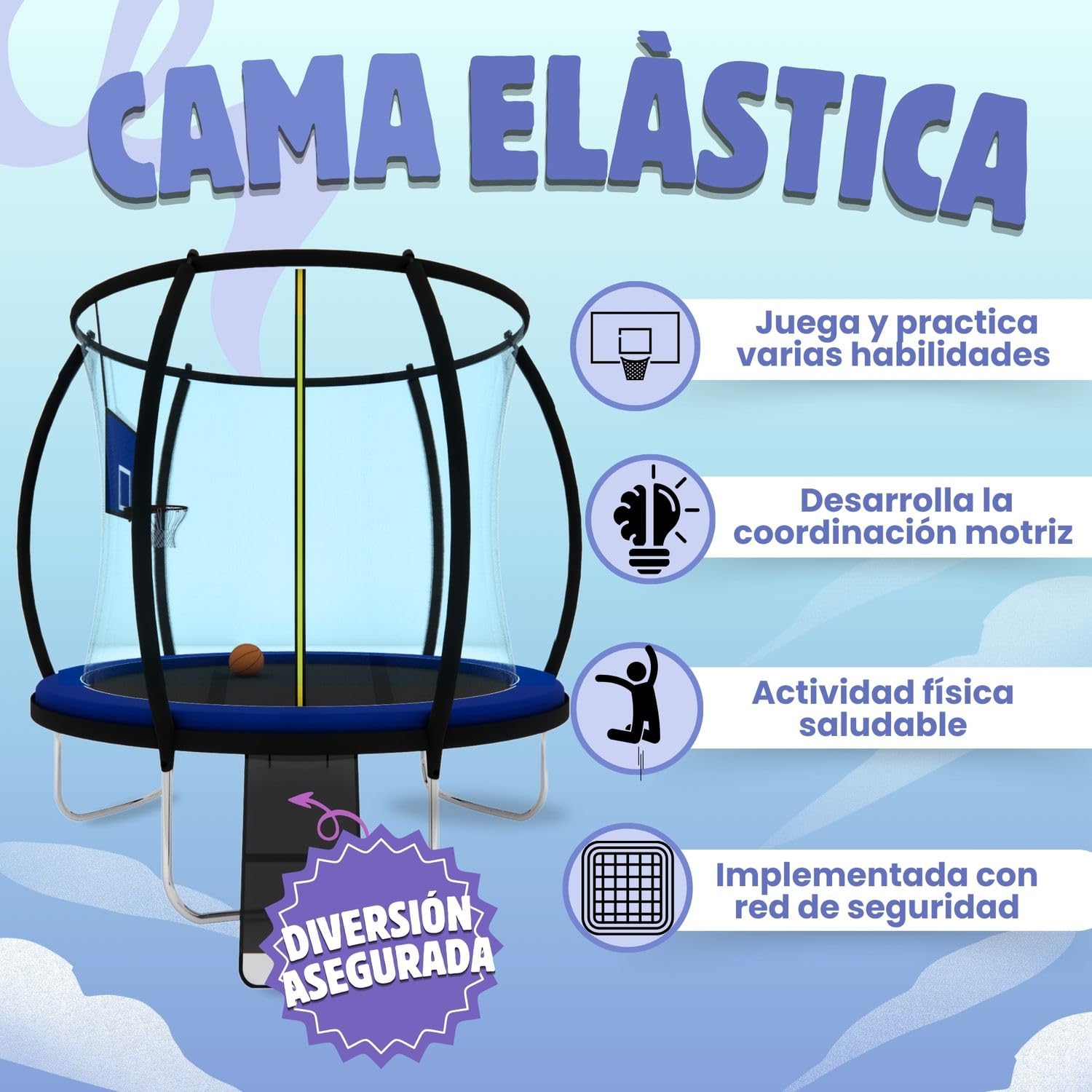 JumPop® Trampolines para Niños en 183/244/305cm con Tobogán de Regalo + Canasta y Pelota de Basket | Camas Elásticas para Niños Exteriores con Vídeo QR incluído de Montaje