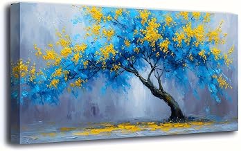EUXUXI Large Wall Art Canvas Prints Abstract Blue and Yellow Tree Painting Modern Nature Artwork for Walls Horizontal Aesthetic Pictures Wall Decor for Living Room Bedroom Office 40x80cm