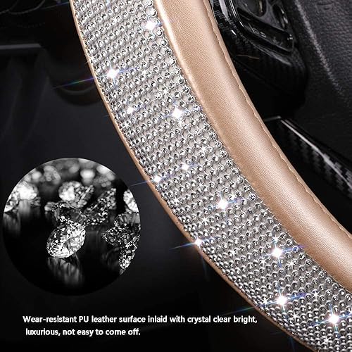 Miniatura 4 de Funda de volante de piel con diamantes de imitación, color dorado para mujeres y niñas, con diamantes de imitación de cristal, ajuste universal de