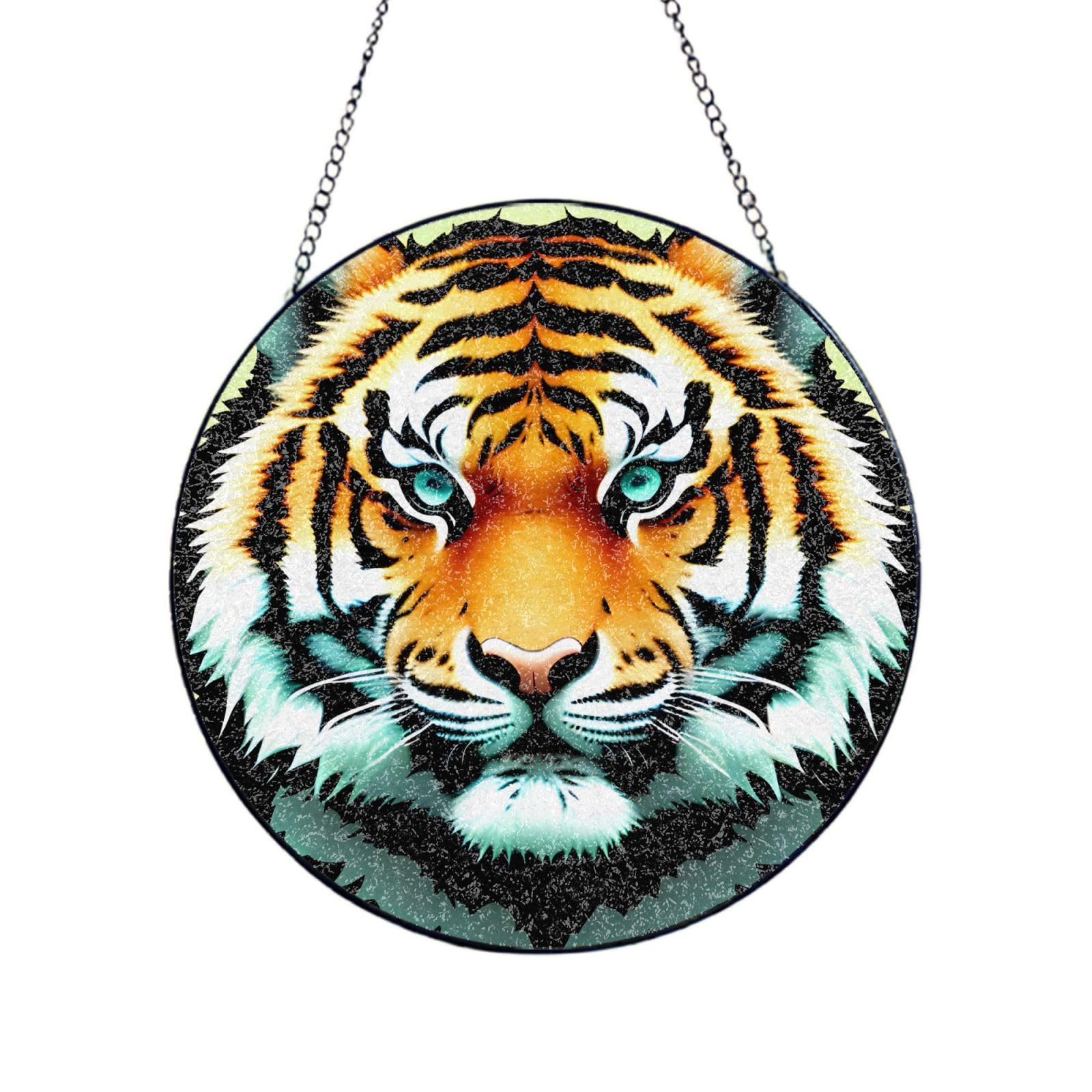 Phayah Little Fat Tiger Head Print Glass Window Hanging Round Suncatcher Glass Ornament Garden Wall Fence Decorations Indoor Outdoor 4in（10cm）