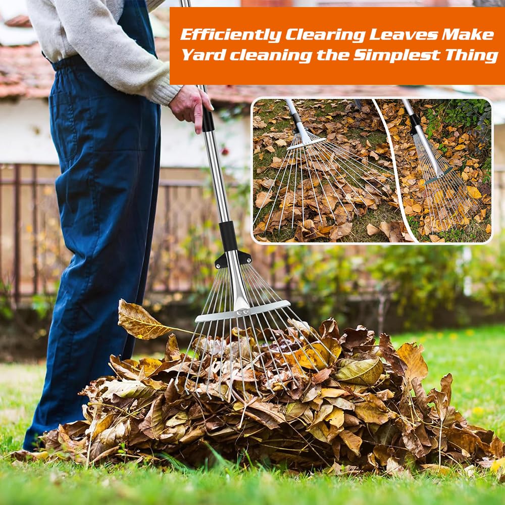 Rastrello da giardino con barra in metallo regolabile da 2,15 m e guanti, rastrello per foglie, rastrello per prato, per pulire piante, prato e cortile