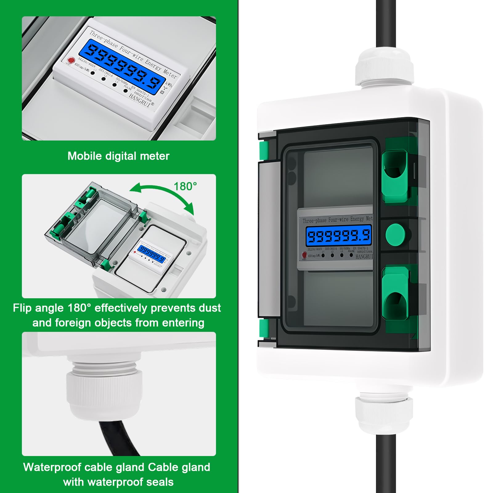 Contatore Elettrico Digitale Mobile portatile trifase 63A misuratore di consumo elettrico Spina CEE 5P 400V Contatore energia elettrica digitale 3 Fase con funzione di reset H07RN-F 5×6mm²cavo IP66