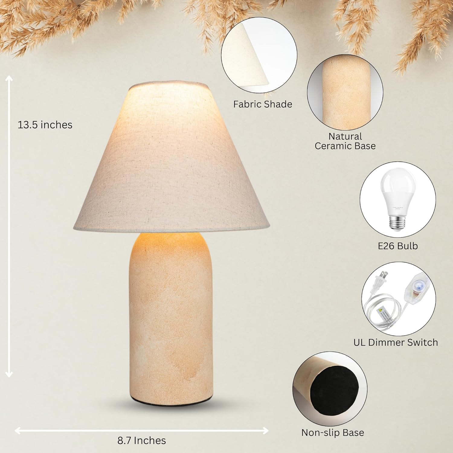 14" Small Mini Table Lamp – Handmade Ceramic Base with Off-White Fabric Shade, Dimmable Plug-in Nightstand or Accent Light for Nighstand, Kitchen Counter, Nursery, Small Spaces–Boho Decor