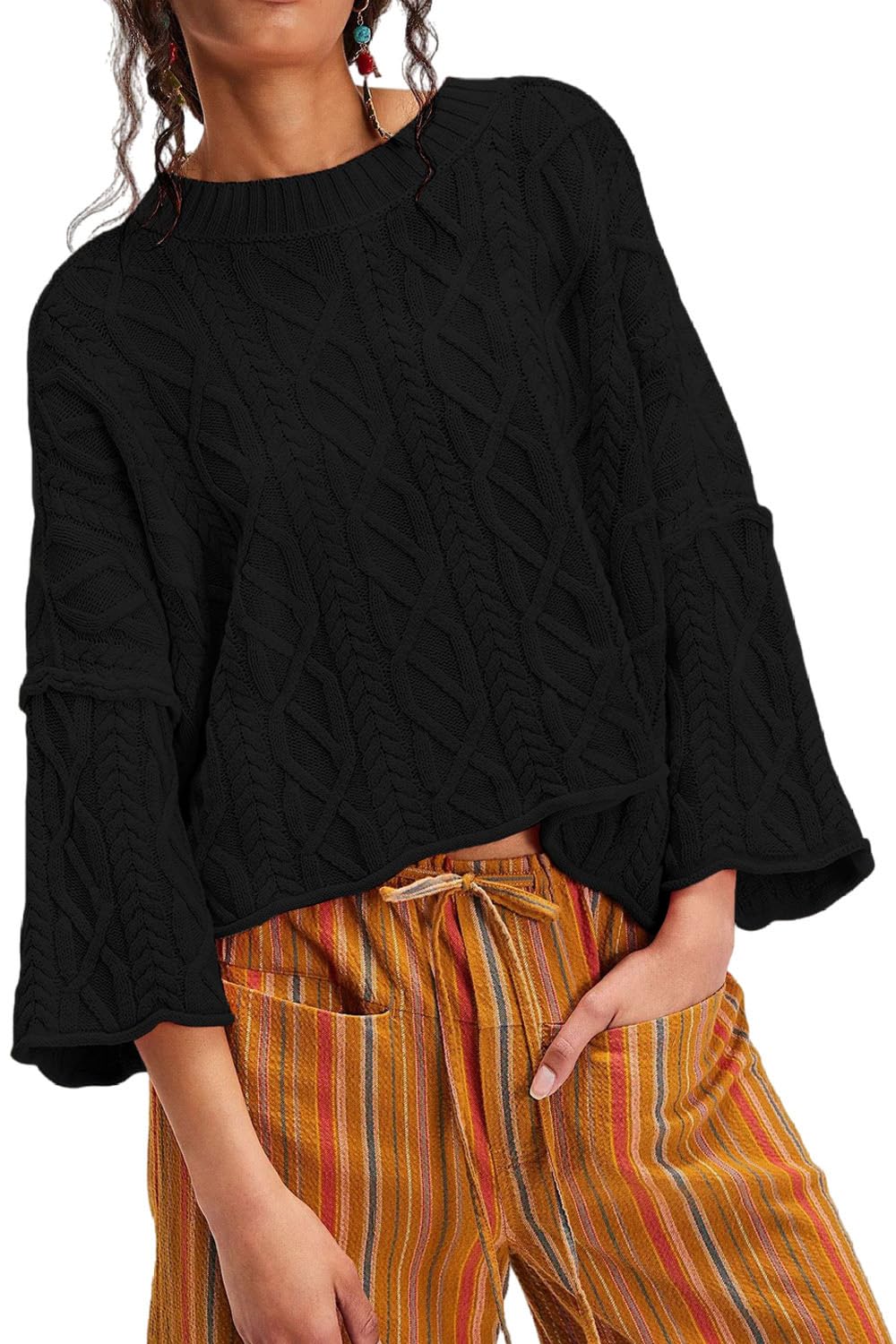 yoeasy Womens Cropped Sweaters Oversized Cable Knit Crewneck Long Sleeve Pullover Trendy Casual Loose Sweater Tops