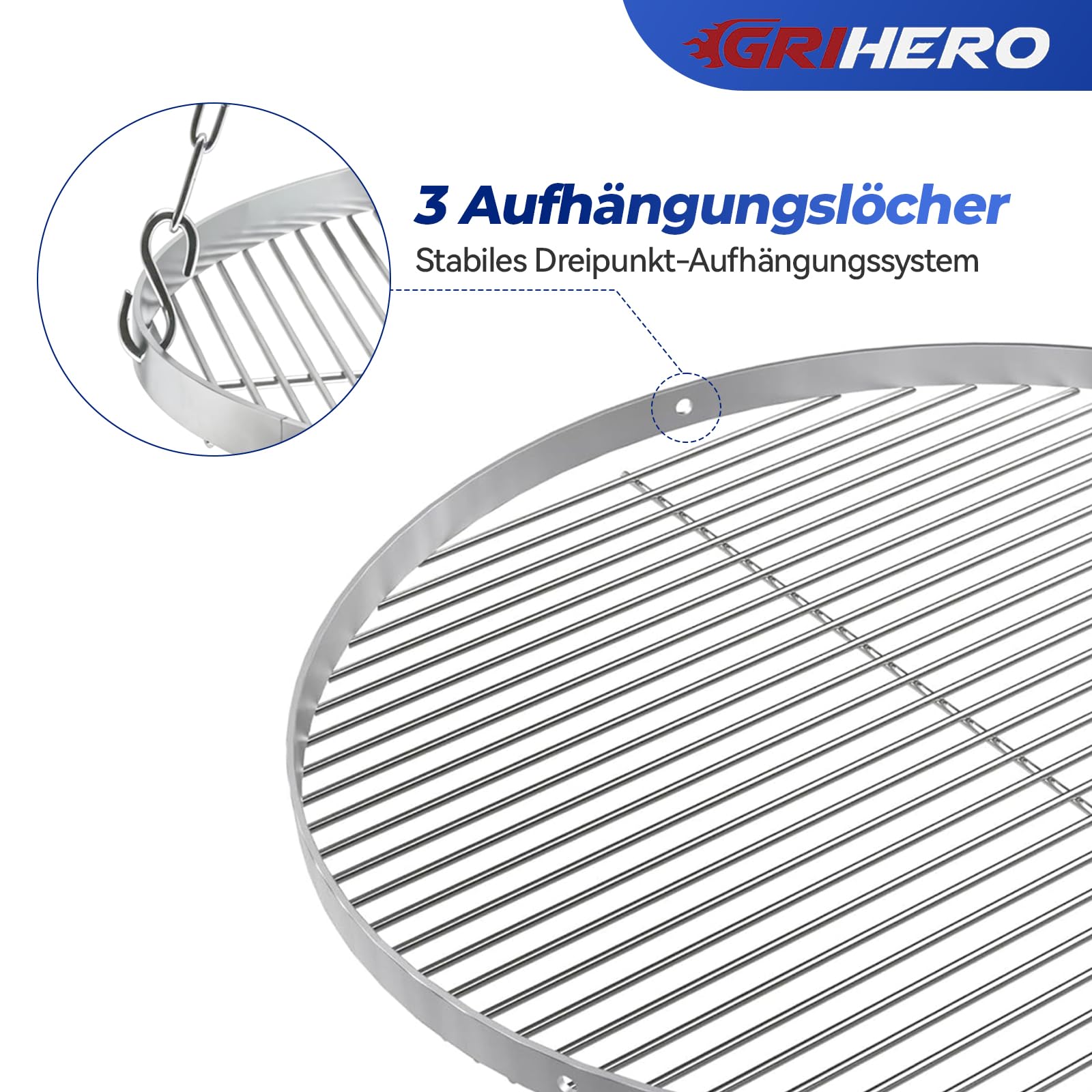 Edelstahl Grillrost Rund 60 cm 304 mit Aufhängungsbohrungen für Weber Kugelgrill 57cm
