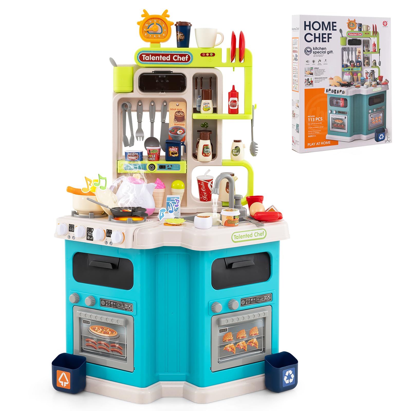 GOPLUS Cocina de Juguete para Niños, Cocinita Infantil con Sonidos y Luces, Fogón a Vapor Realista, Fregadero con Circulación de Agua, 75 Accesorios, Juego de Imitación para Niños de 3+ Años (Azul)