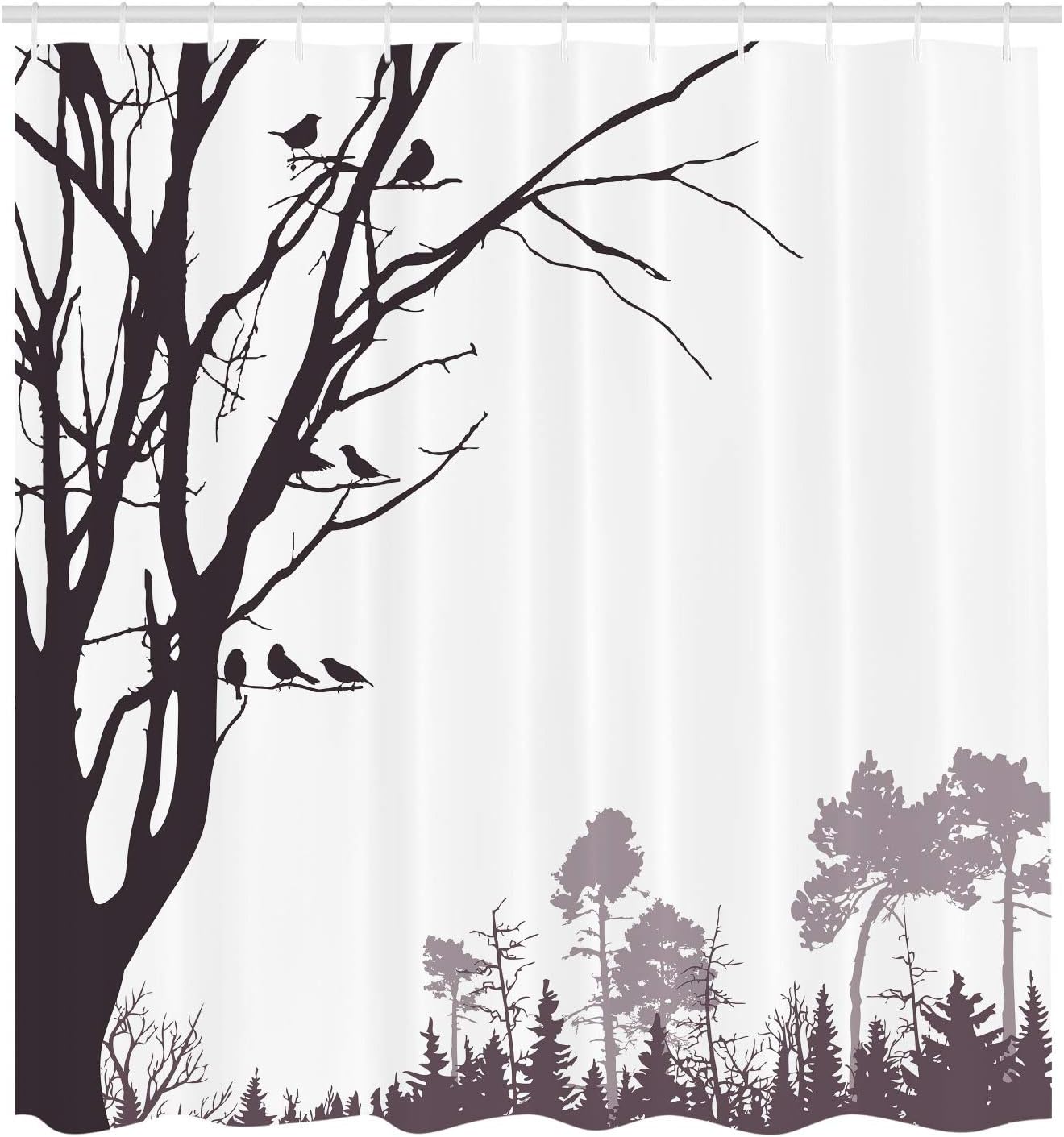 Ambesonne Forest Shower Curtain, Nature Theme The Panorama of a Forest Pattern Birds on Tree Branches Print, Cloth Fabric Bathroom Decor Set with Hooks, 70" Long, Dark Purple