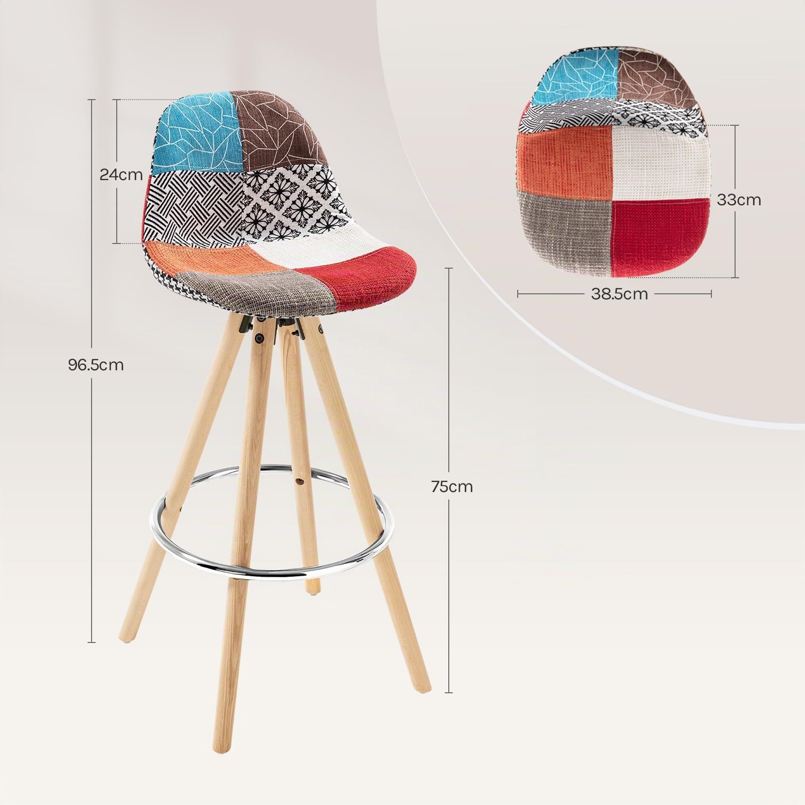 WOLTU 1 x Tabouret de Bar en Lin avec Dossier + Repose-Pieds Design Tabouret de Cuisine en Bois,Patchwork Multicolore