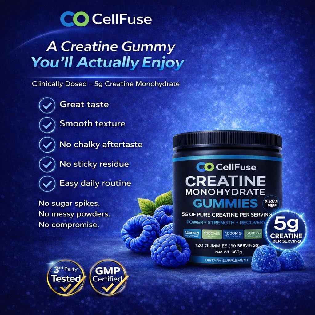 Creatine Monohydrate Gummies, 5000 mg per Serving, Sugar Free, Blue Raspberry Flavor, GMP Compliant. Muscle & Strength Recovery Supplement, 120 Gummies (30servings), 3rd Party Tested.