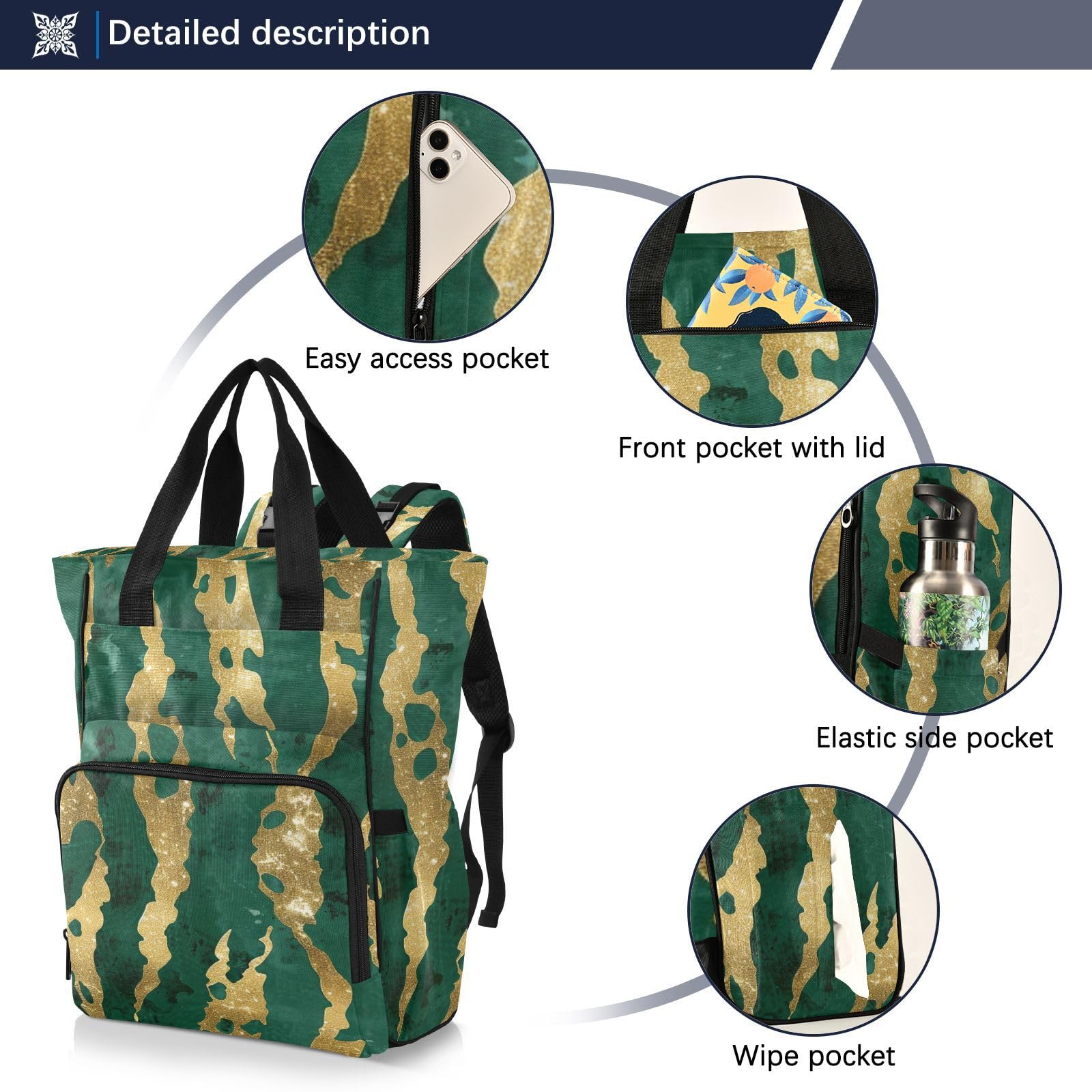 Borsa per pannolini zaino da donna oro ghepardo strisce verde
