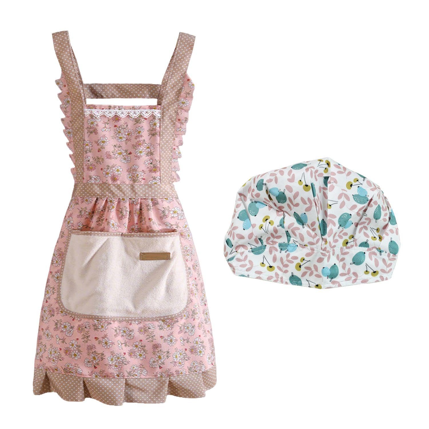 SLEEKEE 1 Delantal con Estampado De Flores Y 1 Capucha, Delantal De Cocina, Delantal De Mujer, Delantal Antigrasa, Delantal con Bolsillos