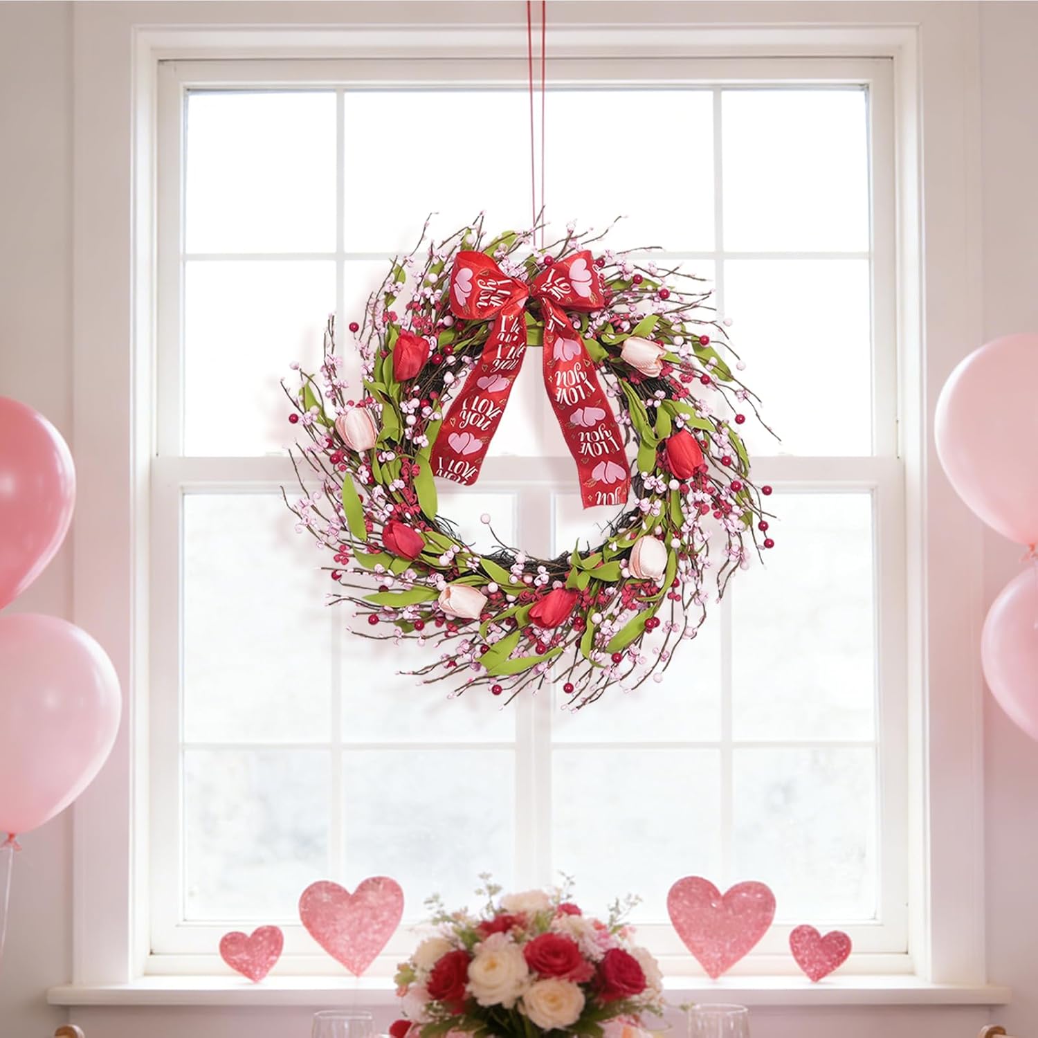 idyllic 22 Inch Valentine's Day Pink Tulip Wreath with Bow, Valentines Decorations for Front Door Mantel Window Porch Indoors Outside Wedding Anniversary Decor
