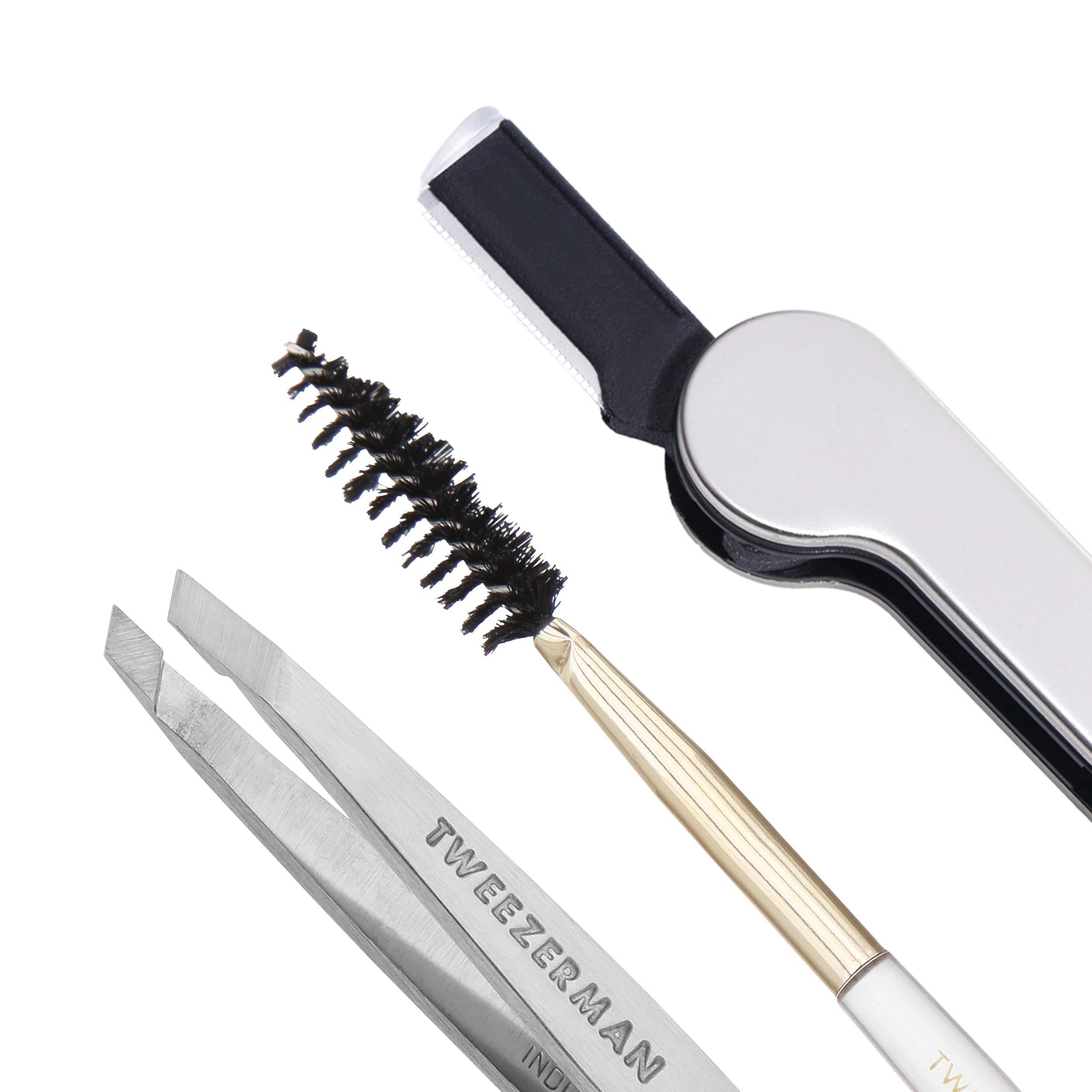 TWEEZERMAN Set de cuidado facial y de cejas (pinzas, afeitadora de vello facial y cepillo de cejas, kit de cuidado facial y de cejas), plateado