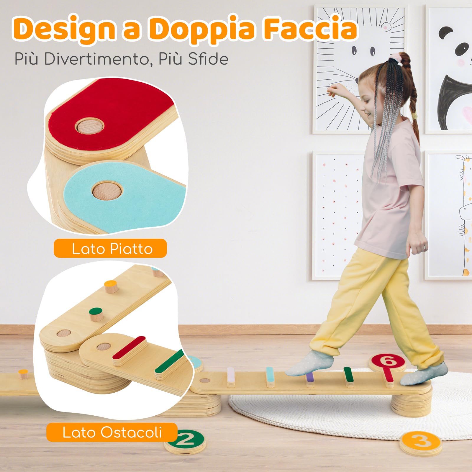 COSTWAY Trave di Equilibrio per Bambini, Giocattoli Montessori in Legno con Pietre di Passaggio, per Allenamento Sensoriale e Bilanciamento per Bambini 1 Anni+