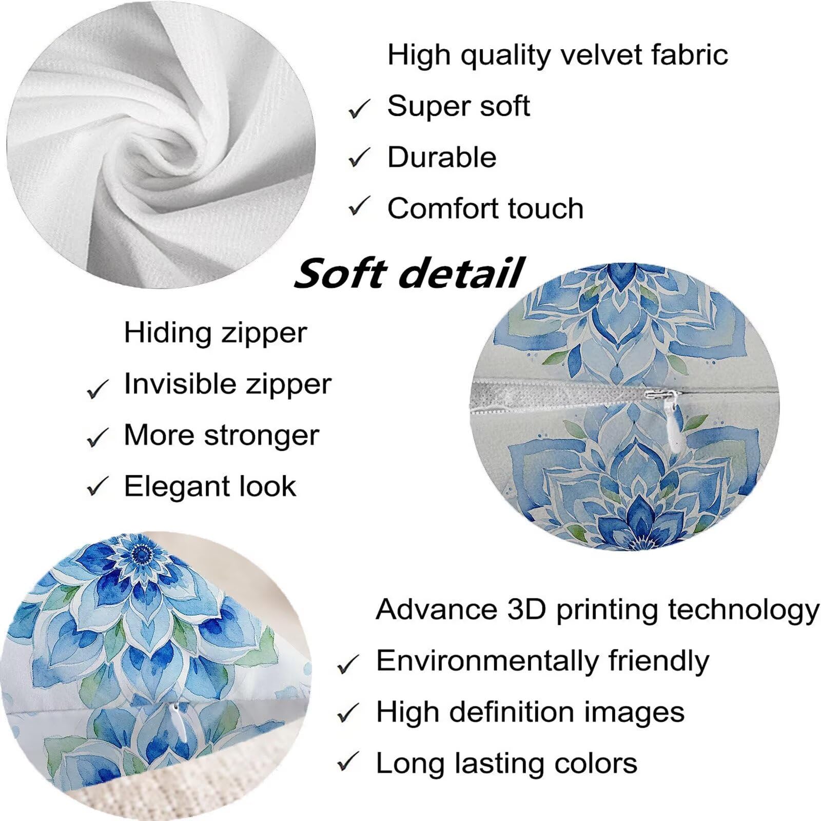 Blu Federe Cuscini Divano 40x40cm, Cuscini da Esterno Set de 4, Cod-145 | Velour Copricuscini Decorativi Letto Arredo, per Letto, Soggiorno, Giardino, Esterno, Casa Decorazione Set di 4 Mandala