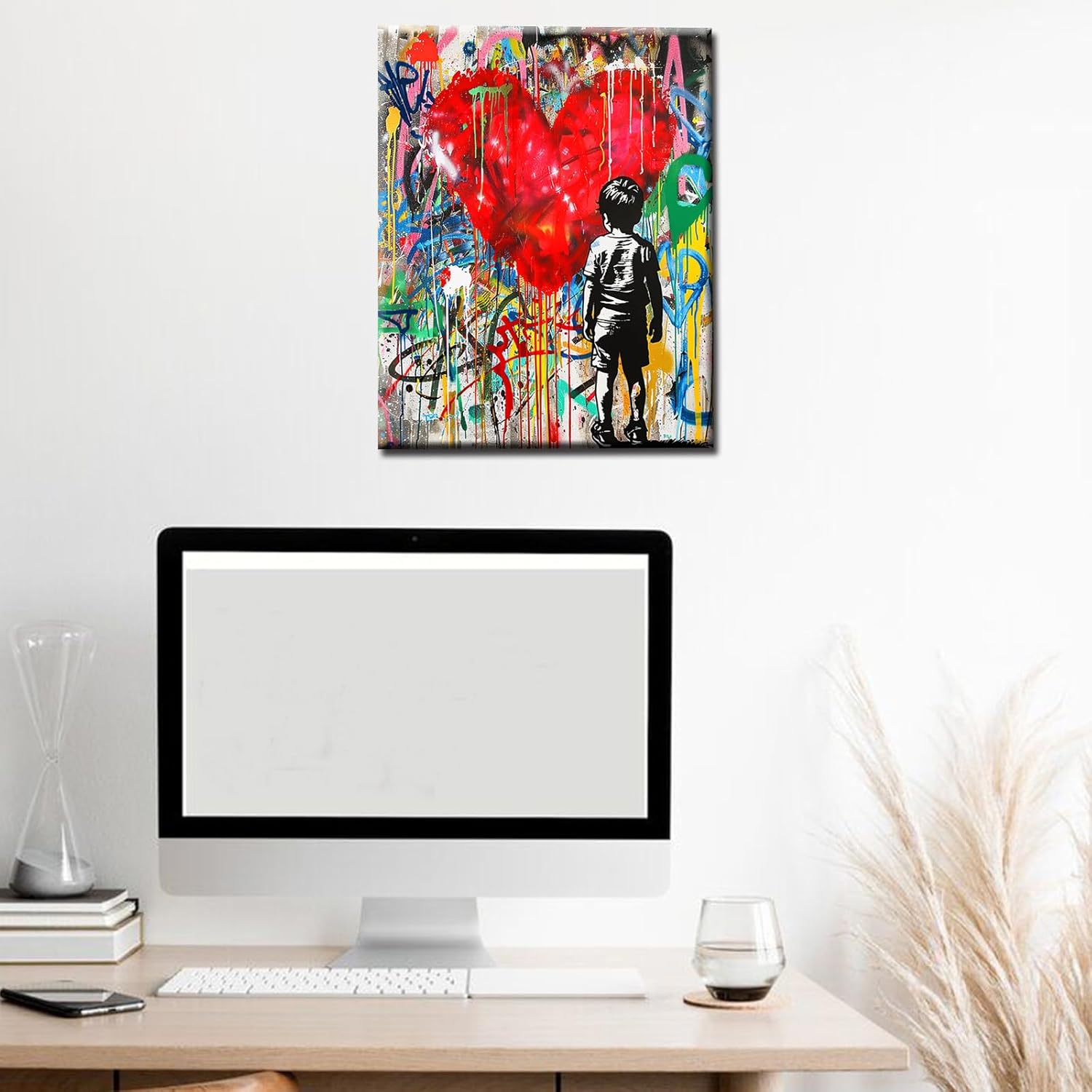 Tucocoo Graffiti Red Heart Paint by Numbers Kits with Brushes and Acrylic Pigment on Canvas Painting for Adults, Colorful Banksy Little Boy Picture for Home Wall Decor Gifts 16''x20'' (DIY Framed)