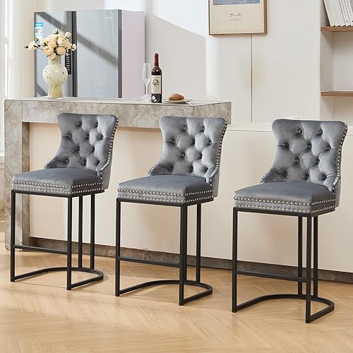 Miniatura 27 de UVV Juego de 4 taburetes de bar de altura de mostrador, taburetes de bar modernos de 26 pulgadas con respaldo, sillas de mostrador de tapicería