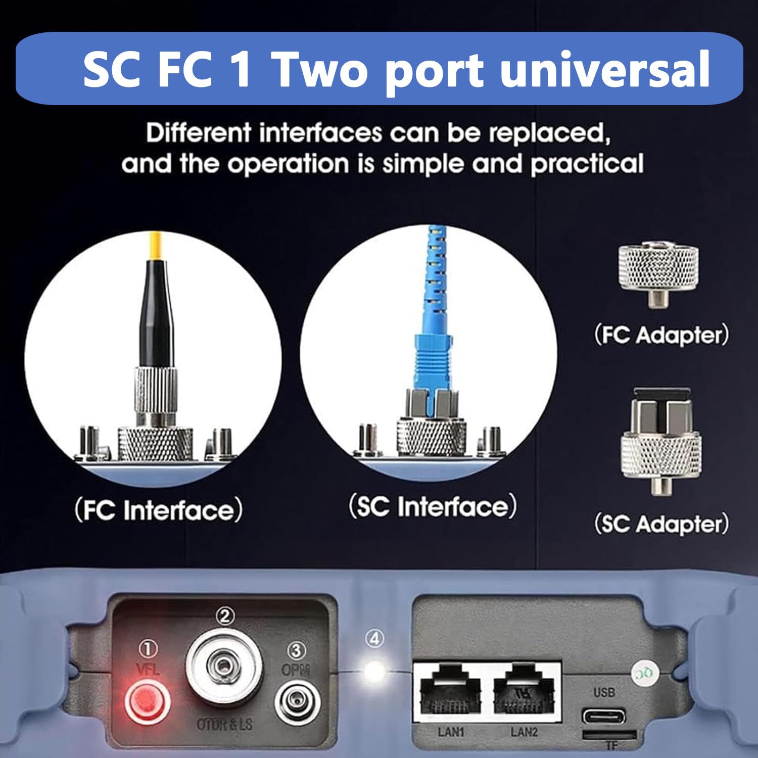 Otdr Fiber Optic Tester 1310/1550 NM,12-En-1 Otdr SM con VFL Opm Ols Mapa Eventos Rj45, FC/UPC SC St LC Conectores Incluidos APC